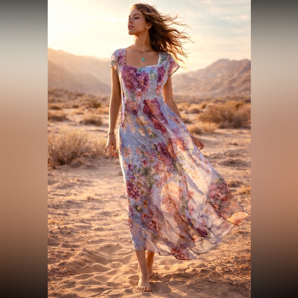Johnny Was Collection Silk Floral Maxi Dress Gown Boho Resort Cottagecore Large
